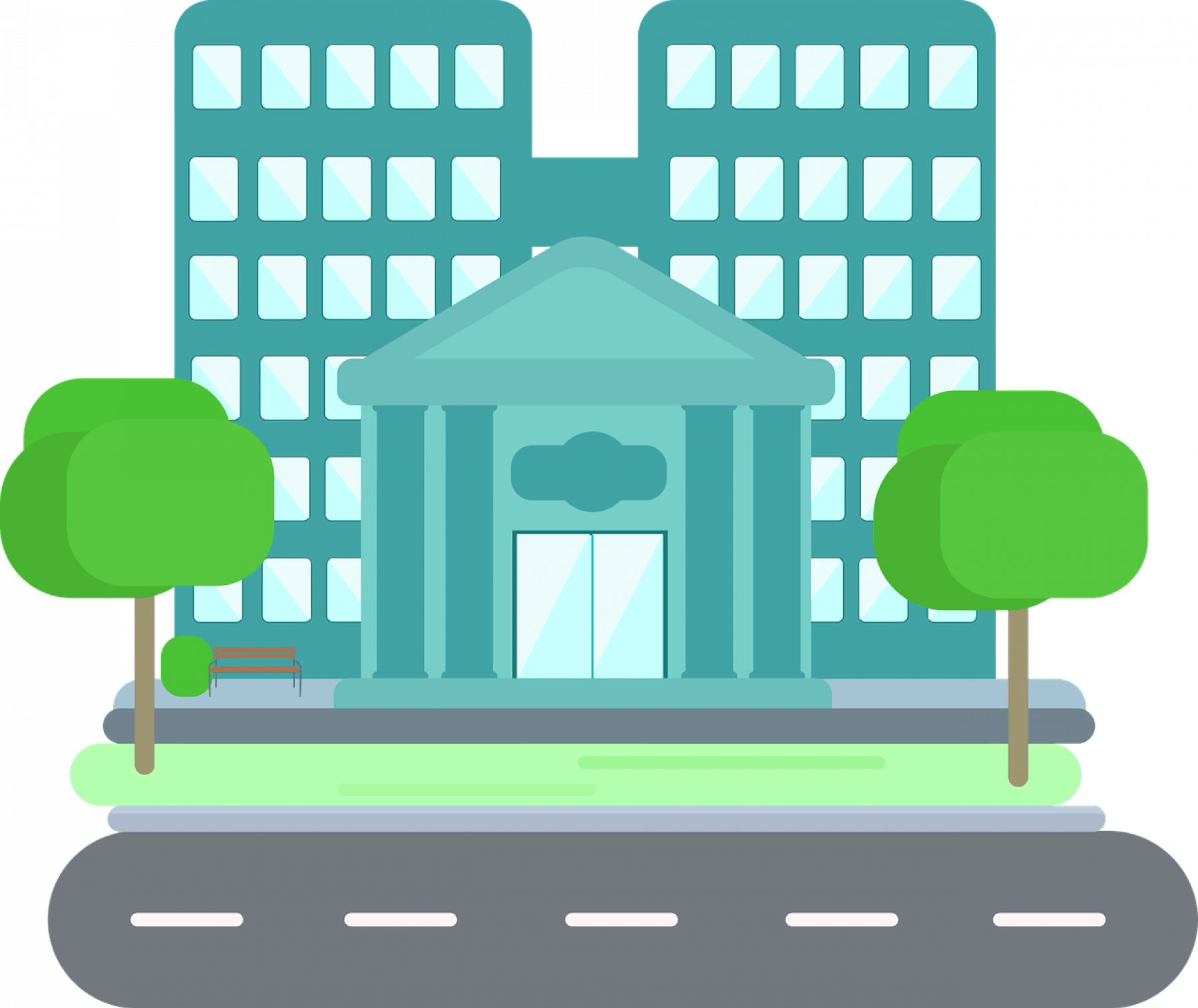 Tecknad bild av ett höghus med pampig ingång