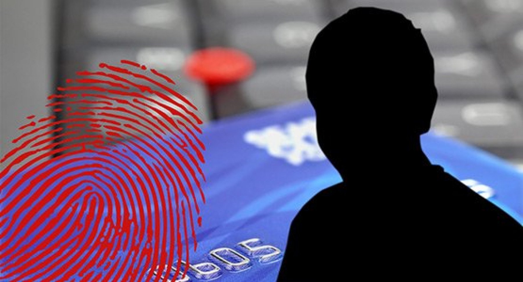 Ett kreditkort i bakgrunden av bilden med ett fingeravtryck och en person i svart siluett