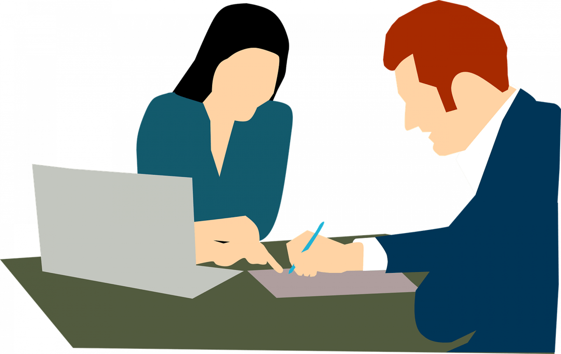 Animerad bild där två personer sitter vid ett bord med en laptop och papper