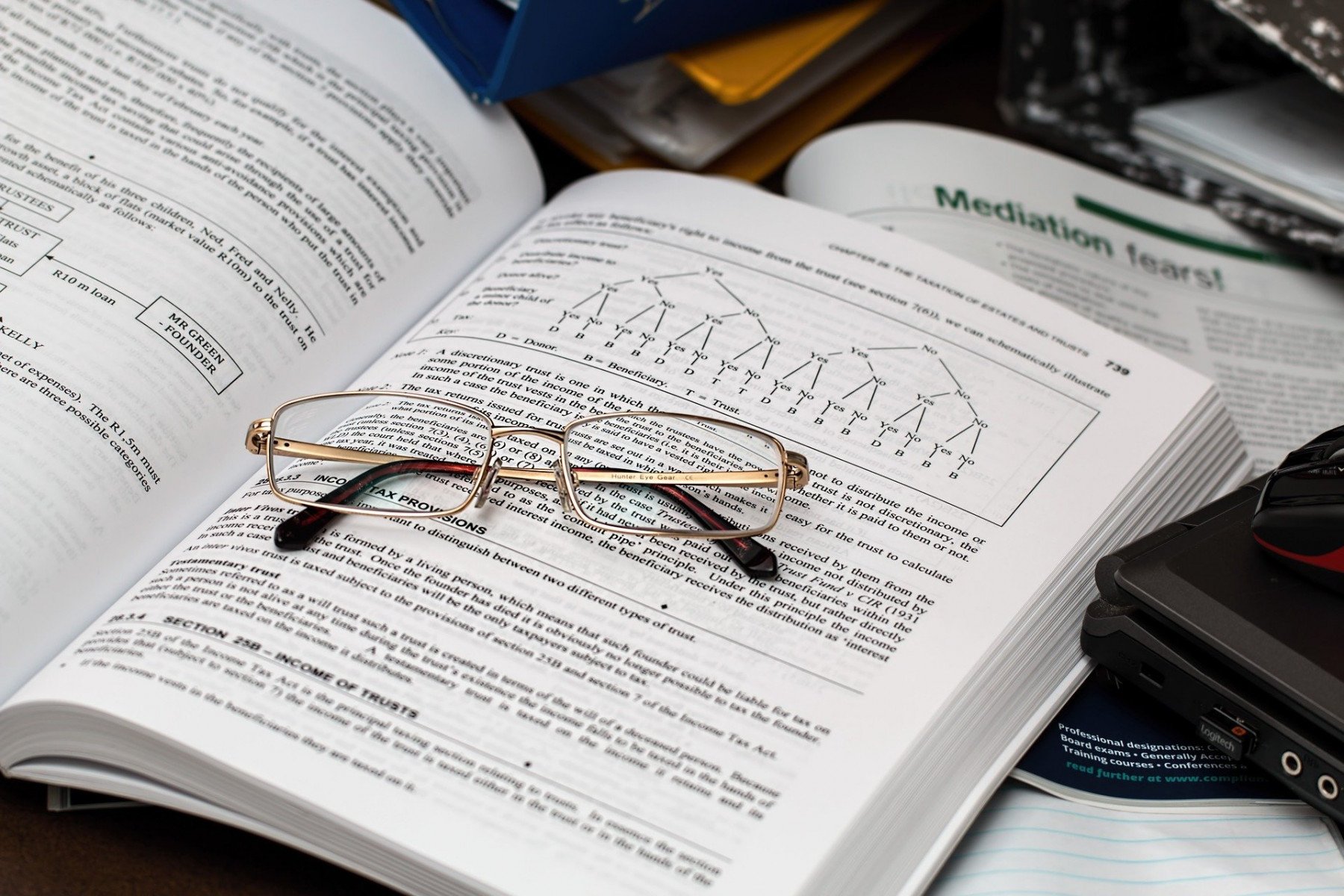 En uppslagen ekonomibok med ett par läsglasögon som vilar på den.